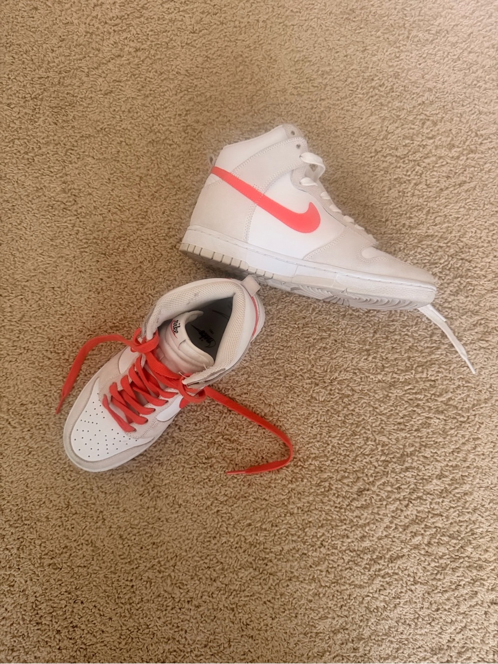 Women’s Nike White High-Top Sneakers with Bright Orange Swoosh Size 7.5